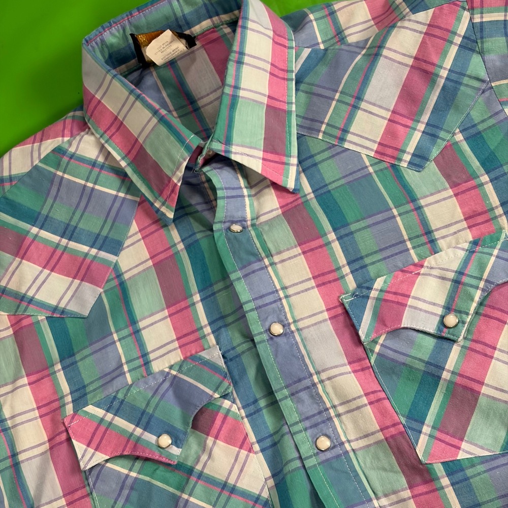 VTG Holt Western Pearl Snap Shirt Mens L Pink/Teal Plaid Short Sleeve USA Made